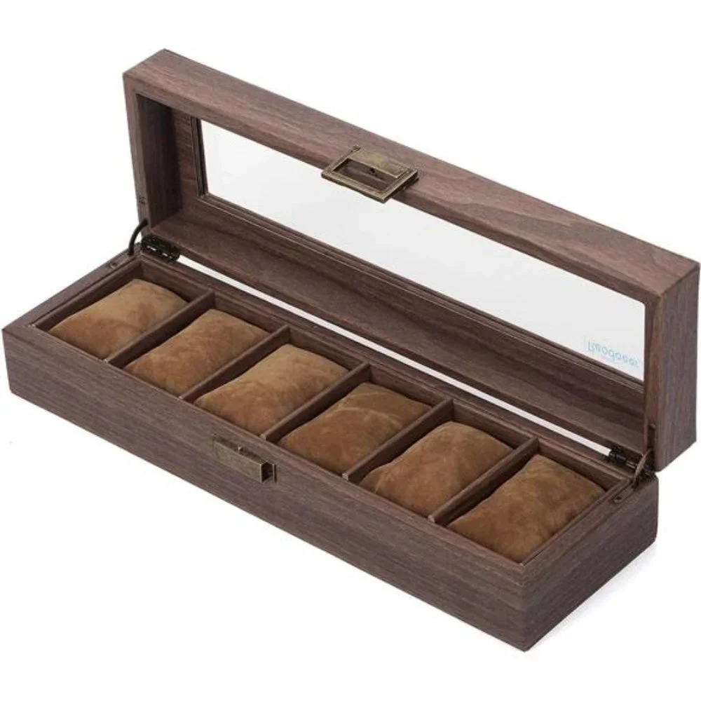 6 Slot PU Leather Watch Box Organizer Watch Case with Glass Top Luxury Watch Box